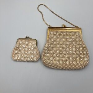 Chic Cream Beaded Mini Evening/Bridal Purse with Matching Change Purse